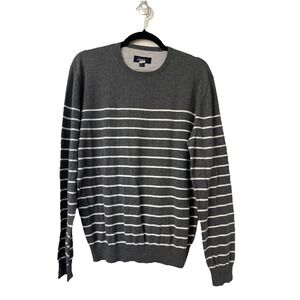 JOHNNIE-O Sweater Mens Medium Gray‎ White Striped Crew Neck Cotton Silk Blend